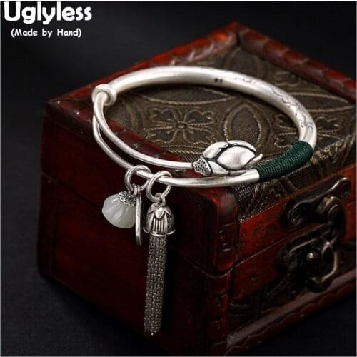 Uglyless 100% Real 990 Pure Silver Chains Tassel Bangles for Women Push-pull Charms Bangle Jade Lotus Bracelets Fine Jewelry