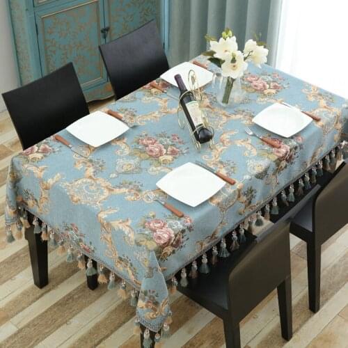 European Retro Chenille Jacquard Floral Rectangular Table Cloth Tassel Dense Square Dining Table Covers Party Event Decoration