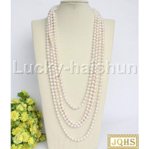 JQHS Long natural 130" 8mm round white freshwater pearls Beaded knotted Strand necklace j12155