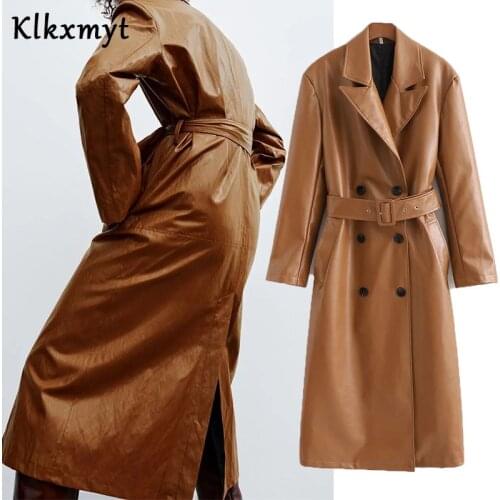 Klkxmyt Za Women Fashion With Belt Double Breasted Faux Leather Trench Coat Vintage Long Sleeve Female Outerwear Chic Overcoat