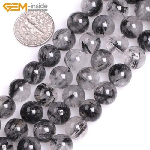Gem-inside Natural Round Smooth AA+ Grade Black Rutilated Quartz Beads For Jewelry Making Bracelet Necklace 15'' DIY Jewelry