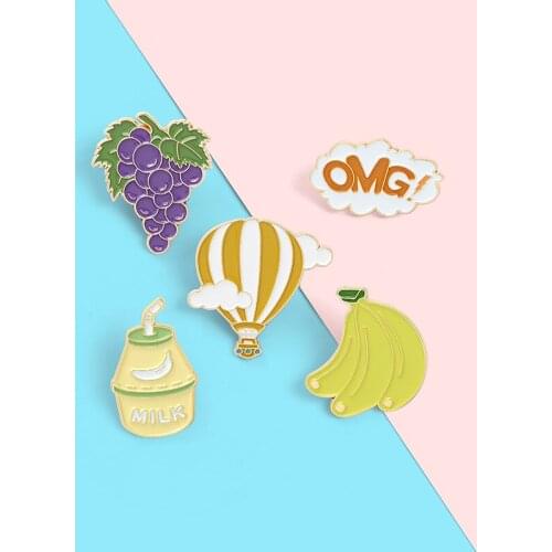Cartoon Fun Fruit Grapes Banana Enamel Pins Milk Hot Air Balloon Letter OMG Brooch Alloy Badge Sweet Cute Woman Jewelry Gift