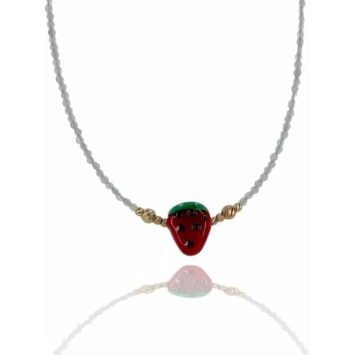 Pink Quartz Stone Glass Art Strawberry 925 Silver Necklace