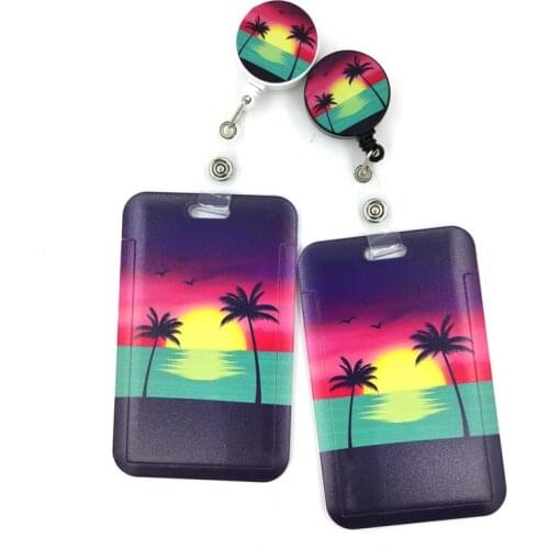 Sailing Sun Sunset Coconut Tree Card Holder Women Men Business Lanyard Badge Card Case Women Card Cover Student Lanyard ID Name