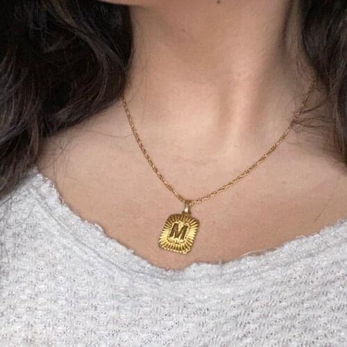 Letter Necklace For Women Square Stainless Steel Gold A-Z 26 Initial Charm Chain Choker Pendant Necklaces Jewelry Gift Bijoux