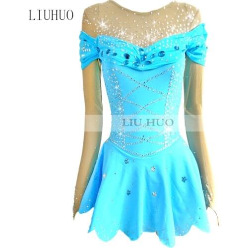 Figure Skating Dress Womens Girls' Ice Skating Dress Roller skating Round neck Sky Plueprincess Handmade Kids Long sleeve