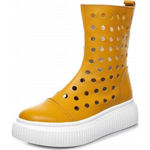 Casual Women Summer Martin Boots 2021 Fashion Flat Bottom Platform Shoes Hollow Out Mid Calf Boots White Female Ladies PW072