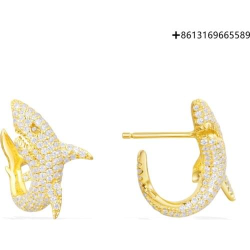 Original Reproduction 1:1 Gold Sterling Silver Crystal Diamond Shark Earrings