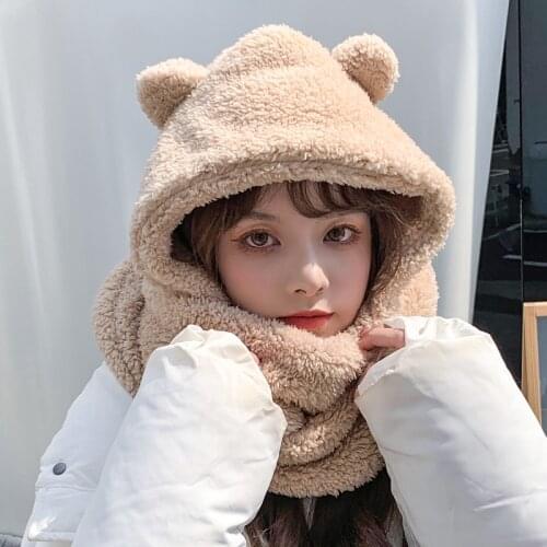 Bear Scarf Glove Three in One Female Winter Lovely Double Layer Thickened Warm Net Red Lamb Hat