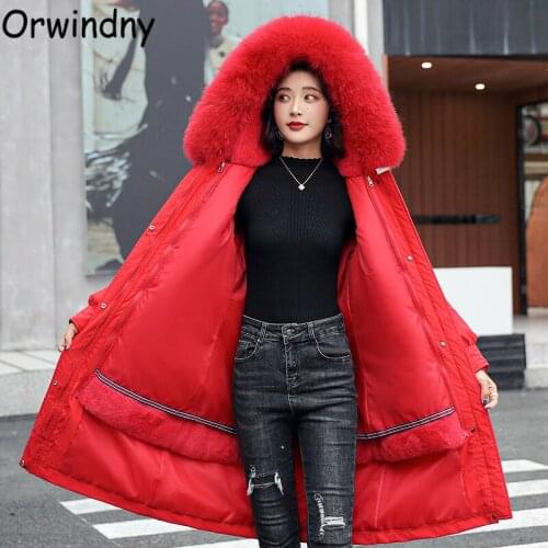 Orwindny Thick Warm Parkas Fur Lining Snow Wear Jackets Women Hooded Big Pockets Padded Coat Outwear Plus Size S-4XL Clothing