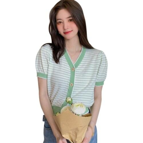 Small Fragrance Thin Knit Cardigan Women Tee Summer Striped Plaid Short-sleeved V-neck Short Pure And Sweet Tshirt Top