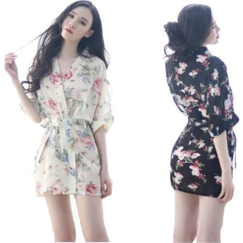 High-end sexy lingerie sexy pajamas skirt transparent chiffon bathrobe kimono female suit breathable skin-friendly pajamas