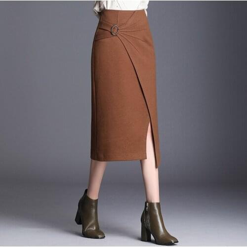 Winter Autumn Fashion Women High Waisted Elegant Woolen Skirt , Fall Office Lady Woman 4xl Slim Wool Placket Irregular Skirts