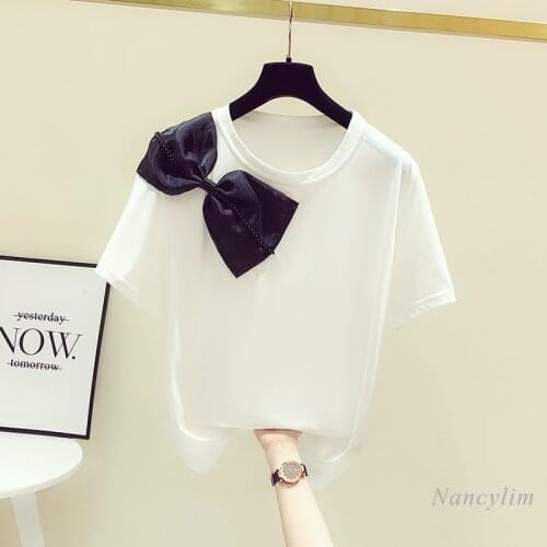 Three-Dimensional Bow Stitching Loose Short Sleeve T-shirt Womens 2021 Summer Clothes New Design Round Neck Tees Tops Femme
