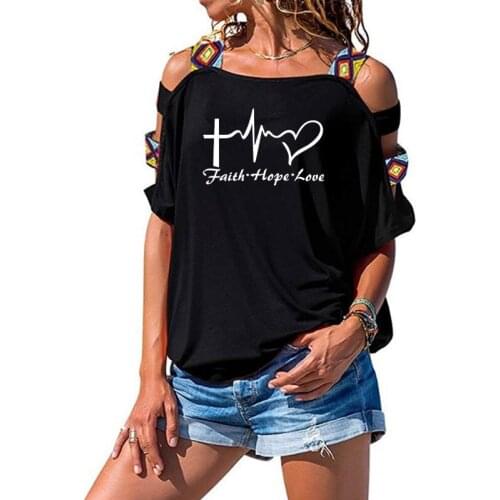 Faith Hope Love Letters Print New Fashion Women Tshirt Summer Cotton Sexy Hollow Out Shoulder Tee