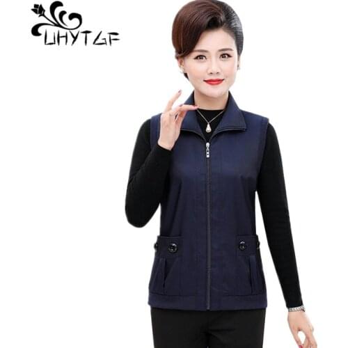 UHYTGF Spring autumn vests for women zipper loose 5XL plus size vest coat Solid Color sleeveless thin waistcoat gilet femme 1107