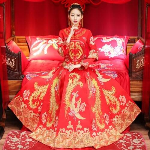 Floor Length Classic Female Wedding Cheongsam Suit Embroidery Phoenix Qipao Plus Size 3XL 4XL Chinese National Bride Dress