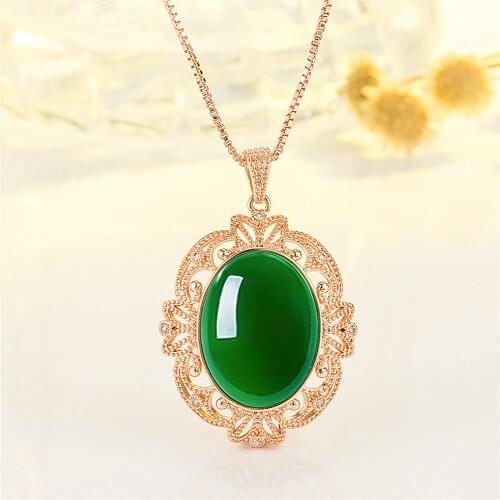 Rose gold tone vintage carving green jade emerald gemstones pendant necklaces for women jewelry choker chain bijoux party gifts