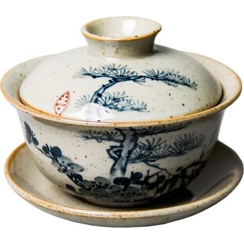 120ml Hand Painted Gaiwan For Tea Plum Pottery Tureen With Lid Teaware Pine Kung Fu Tea Set Chinese Cup Tea Bowls Bamboo Chawan