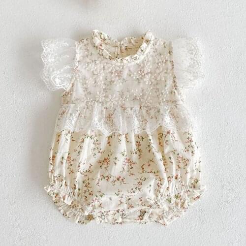 2021 2Pcs Toddler Infant Newborn Baby Girls Romper Lace Jumpsuit Outfits Fly Sleeve Clothes+Hat Floral Baby Romper