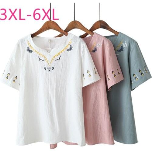 2021 new summer plus size tops for women large loose casual short sleeve cotton floral O neck T-shirt white blue 3XL 4XL 5XL 6XL