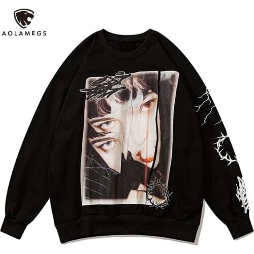 Aolamegs Sweatshirt Men Girl Illustration Punk Graphic Print Pullover Hoodie Autumn Retro Fashion High Street Baggy Men Clothing