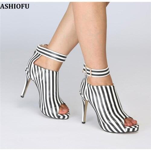 ASHIOFU Handmade Ladies High Heel Pumps Zebra-stripes Party Prom Dress Shoes Peep-toe Buckle Ankle Strap Evening Fashion Shoes