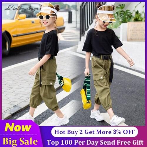 Summer Set For Girls T-Shirt+Cool Trousers Pocket Pants 2PCS Cotton Costume For Girls Teenage Kids Clothes 6 8 10 12 13 14 Year