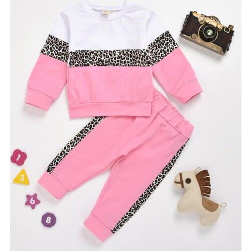 0-5Yrs Spring Children Girls Leopard Clothes Cotton Girls Long Sleeve Tops T-shirts+Pants 2Pcs Autumn Clothing Outfits