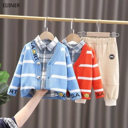 Children Boy Clothing Set Striped Jackets+Plaid shirt+Pants long-sleeved Spring Autumn Knitted Sweater Cardigan Kids 3Pcs Suit
