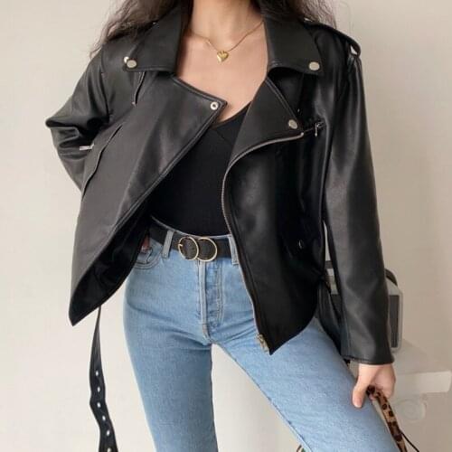 TVVOVVIN Fashion Biker Style Long Sleeve Loose With Sashes Women Coat High Street Black Zippers Leather Jacket Female 7AEE