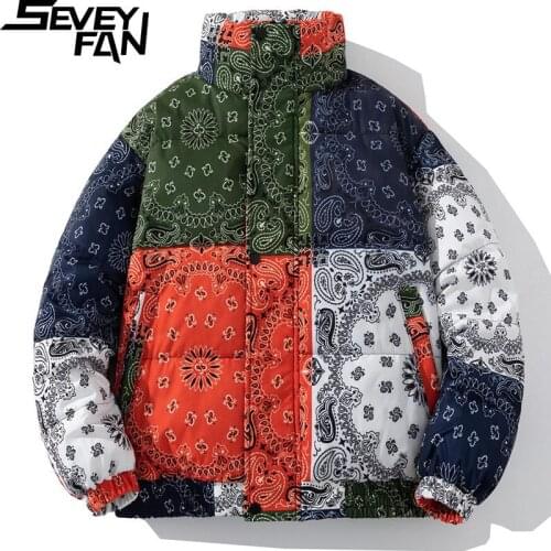 SEVEYFAN Mens Winter Cashew Flower Down Cotton Jacket Fur Collar Thick Warm Hooded Coat for Couples
