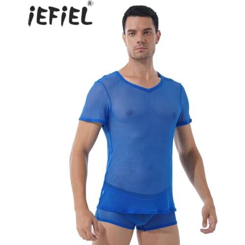 Men See-through Mesh Lingerie Set Hollow Out Club Stage Costume Short Sleeve Casual T-shirt with Elastic Waistband Boxer Shorts