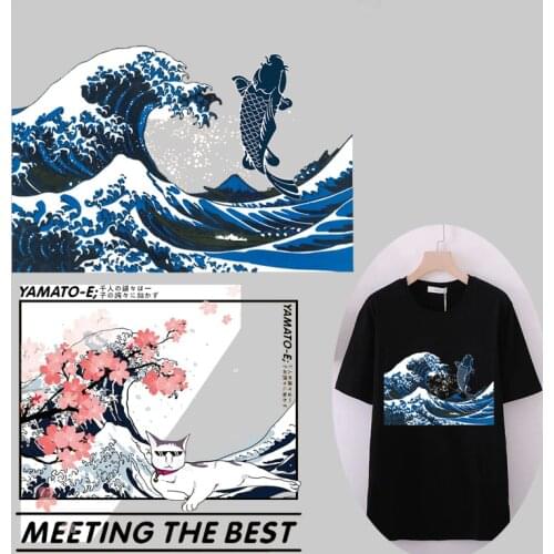Kanagawa Waves Clothing Patches Heat Transfers For Clothes DIY Women Flowers Iron On Transfer On Clothes Applique Art Stripes