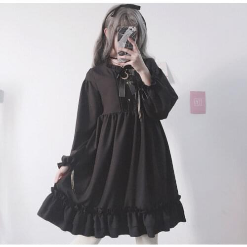 Japanese Harajuku Gothich Lolita Women Black Ruffles Dress Lantern Sleeve Lolita Style Dress Sweet Kawaii Cute Bow Girl Dress