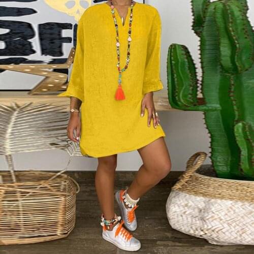 Autumn Women Dresses Casual Solid Color Long Sleeve Dresses V Neck Vintage Loose Knee-length Dress Women Clothing 2021 Vestidos