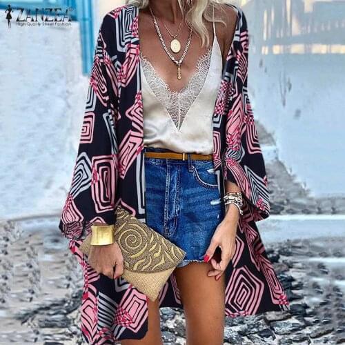Autumn Floral Cover Up Blouse Women Casual Full Sleeve Geometric Printed Cardigan ZANZEA Holiday Beach Kimono Oversized Long Top