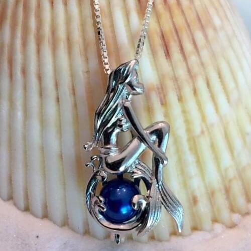 Love Sitting Mermaid Shape Faux Pearl Bead Cage Locket Pendant Necklace Jewelry