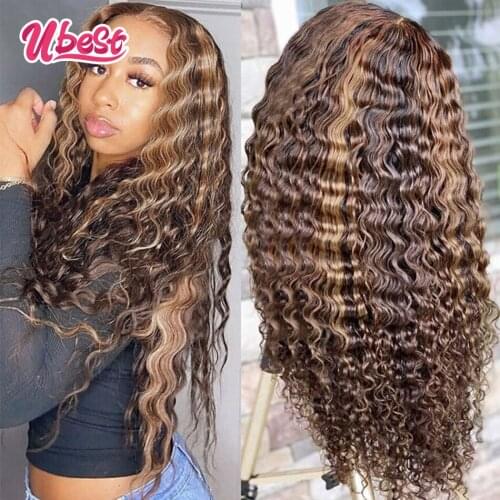 Ubest Transparent P 2/30 Curly Human Hair Wigs Brazilian Virgin Deep Wave Lace Front Wig 30 Inch Lace Frontal Wig for Women