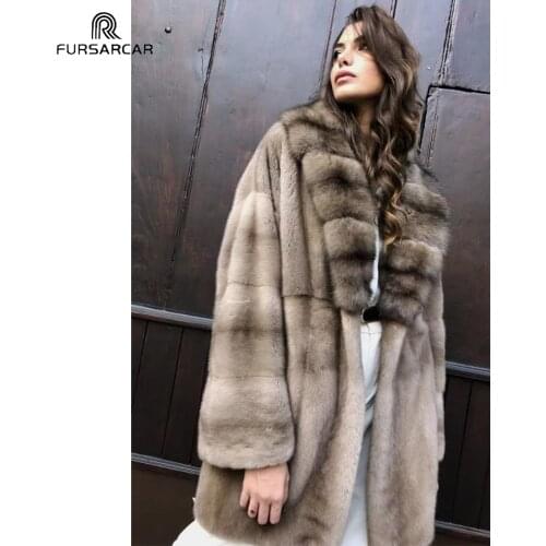 FURSARCAR Natural Real Mink Fur Coat With Thick Stripe Fur Collar Women Winter High Street Jacket Real Mink Fur Overcoats