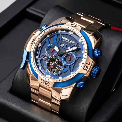 Reef Tiger/RT Luminous Casual Watches Perpetual Calendar Rose Gold Bracelet Blue Dial Watches Automatic Sport Watches RGA3532