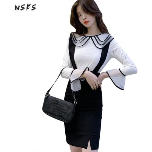Spring 2 Pieces Set White Flare Sleeve Ruffles Tops Blouse Mesh Office Lady Black Mini Braces Wrap Skirt Sexy Party Womens Dress