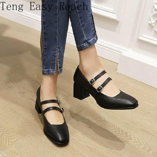 2021 Spring Autumn Double Buckle Strap Band Chic Ladies Office Pumps Chunky High Heels Mary Janes Shoes Size 46 47 Heels Women