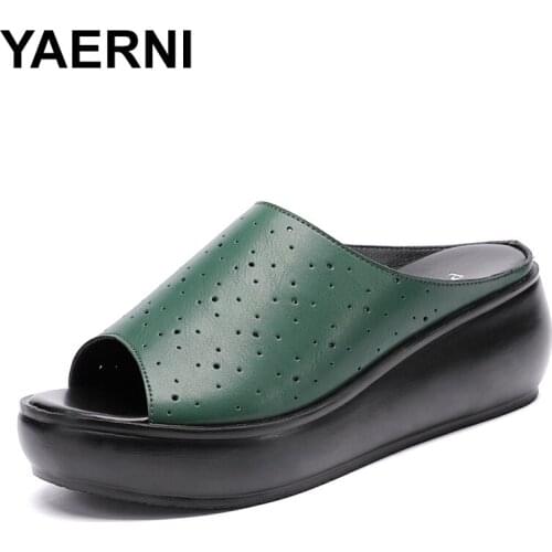 YAERNI Women Slipper Ladies Genuine Leather Shoes Women Wedges Heels Slippers Fashion Summer Slides Sandals Shoes