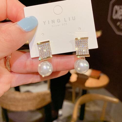 YAOLOGE 2021 For Women Gold Color Square Rhinestone Stud Earrings Geometric Alloy Pearl Accessories Girls Fashion Party Jewelry