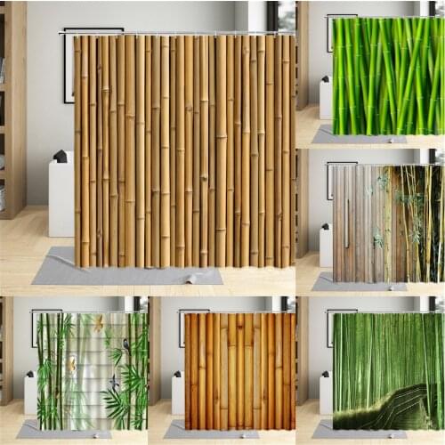 Bamboo Shower Curtain Bathroom Home Decor Green Plants Landscape Bath Curtains With Hooks Polyester Waterproof Fabric Washable