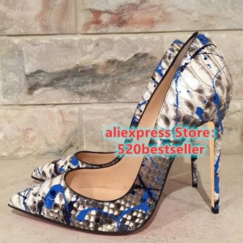 Women Lady sexy python snake Graffiti PRINT LEATHER Poined Toes Stiletto Heel shallow high heels shoes 12cm 10cm pump size 33-43