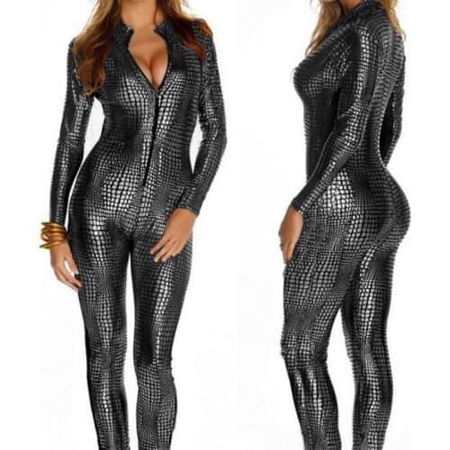 M-XXL Women Long Sleeve Hot Sexy Zipper Open Crotch Bodysuit Bodycon Jumpsuit Snake PU Leather Shiny Night Clubwear Catsuit Body