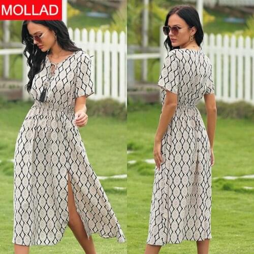 2021 Summer New European and American Fashion Plaid Split Elastic Waist Dress Lace-up Elegant Dress for Women