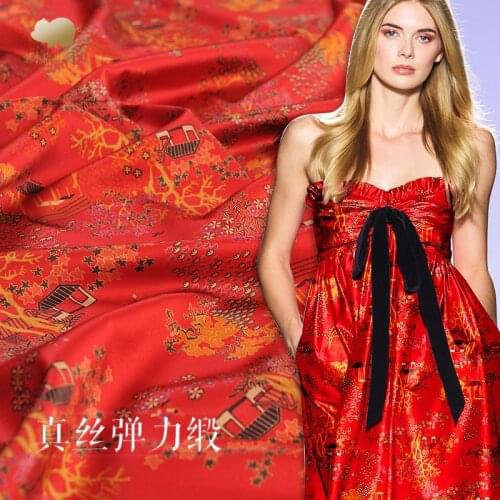 1.35 Meter X 1 Meter Chinese Style Print Red Stretch Satin Wide 19m Fabric Silk Dress Sewing Material